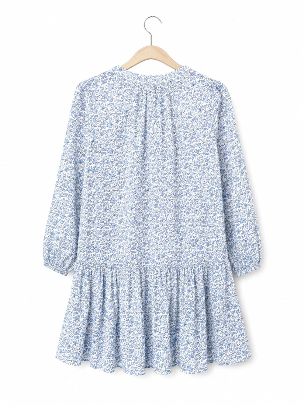 LAKE dress cotton pintucking mini floral print blue and white medium M
